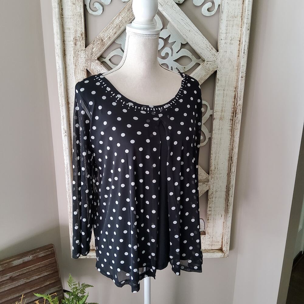 Notations Black White Polka Dot Sheer Sleeve Drapey Embellished Top S NWT